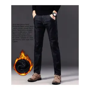 Men's Ebony Black Fleece-Lined Warm Jeans - Slim Fit, Straight Leg for Business & Casual Wear, Perfect for Winter