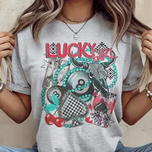 Vintage Western Tees Retro Lucky 8 Turquoise Tshirt Country Spades Checkered T-Shirts Casual Womenwears Crewneck