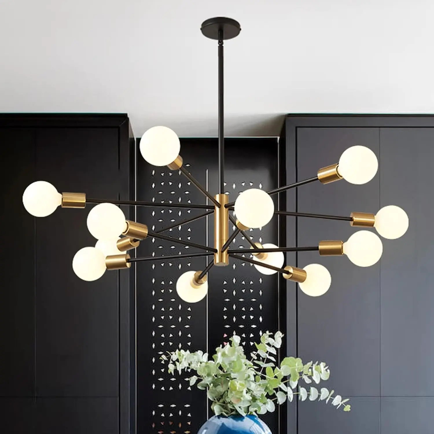 Modern Chandelier Ceiling Light Fixture - 33.4" 12-Light Gold and Black Sputnik Chandeliers, Height Adjustable Industrial Farmhouse Pendant Lighting for Dining Room, Living Room, Kitchen Island