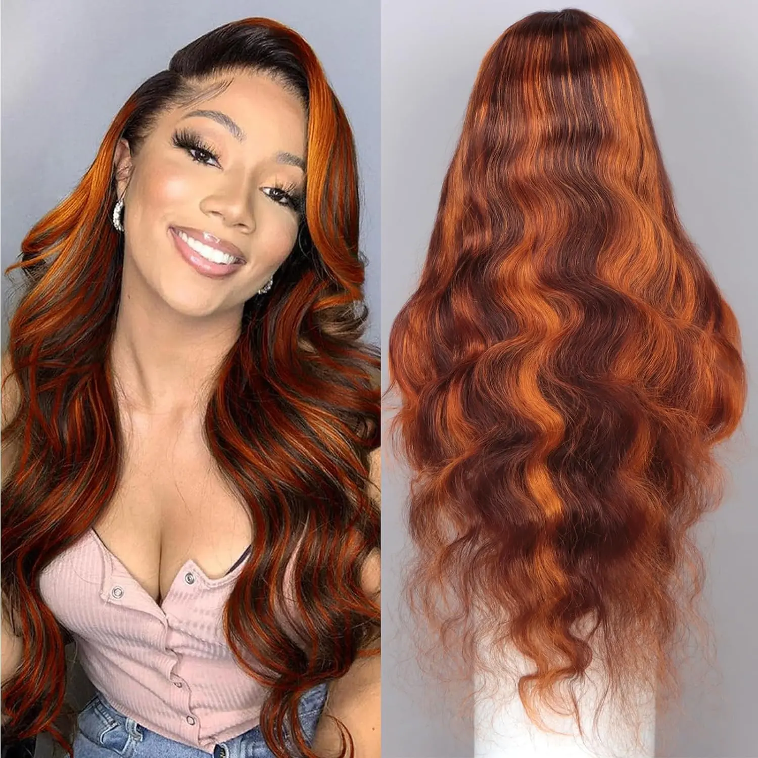 Ginger Reddish Brown Body Wave Wig 180% 13x4 Lace Front Highlight P4/350 Color Straight Human Hair Wig for Women Ombre Lace Wig