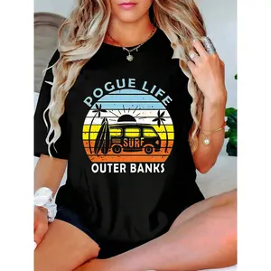 Explore Surf Style with Pogue Life Outer Banks T-Shirt: Women’s Black 180g Cotton Casual Tee, Eye-Catching Coastal Camper Print, Short Sleeve Round Neck Summer Top, Perfect for Beach Lovers and Travel Enthusiasts Seeking Stylish Comfort