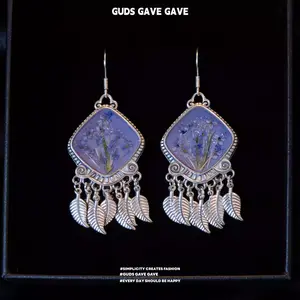 GUDS GAVE Miao Silver Retro Ethnic Tassel Earrings | Handmade Blue Preserved & Dried Flower Earrings