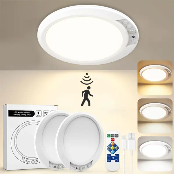 2026 Upgraded Rechargeable Motion Sensor Ceiling Light with Remote - 10000mAh Magnetic Wireless Light, Battery Powered for Closet Shower Pantry Stairs - No Drill Installation