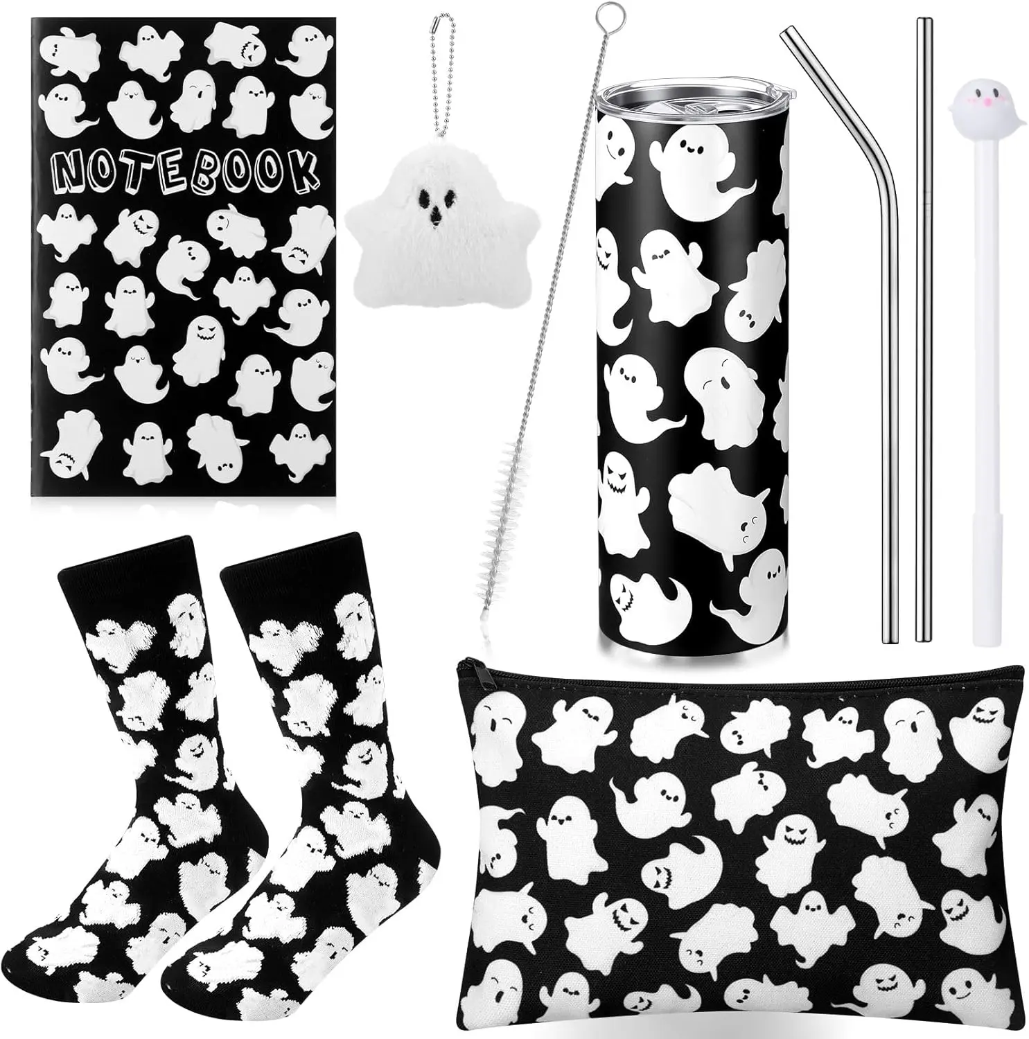 Halloween Gift 6 Pcs Gift Set for Women – Socks, Cosmetic Bag, Notebook, Pen, Keychain, Straw & Cleaning Brush, Cute Birthday, Halloween & Christmas Party Favor Gifts for Women and Girls