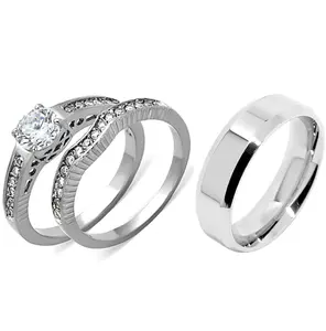 Lanyjewelry 3PCS Couples Rings Set - Tarnish-Free Stainless Steel Jewelry, Women's 6x6mm Round Brilliant Cut CZ Ring, Men's Flat Band