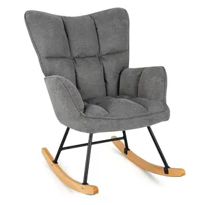 COSTWAY - Linen Nursery Rocking Chair with High Backrest and Padded Armrests-Gray