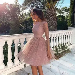 Women's Basic-Style Glitter-Tulle Long Sleeve A-Line Formal Wear Gown, Round-Neck Short Homecoming Prom Dress with Comfortable Chic Elegant Fit