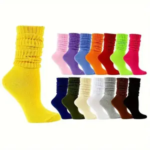 10 Pairs Women'S Mid-Calf Stacked Socks, Solid Color, Stretchy Knit Fabric, 95% Polyester 5% Spandex, Casual Trendy Candy Colors, Hand Washable Womenswear Basic Minimalist(Sheet)