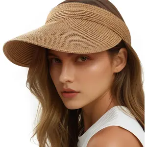 Sun Visor Hats for Women, Wide Brim Straw Beach Ponytail Hats, UPF 50+ Summer Adjustable Packable Foldable Topless Hat