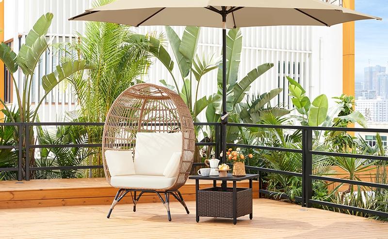 Yaheetech Egg Rattan Chair, Indoor/Outdoor PE Rattan Egg Basket Lounge Chair with 4 Cushions, Oversized Egg-Shaped Chair with Metal Frame Stand for Patio, Garden, Backyard, Living Room