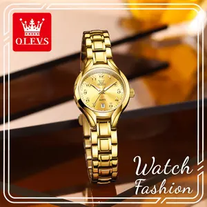 Dainty OLEVS 3650 Gold Stainless Steel Women Watch, 26mm Large Numeral Dial Date Display, Luminous Waterproof Petite Wrist Accessory for Daily Office Outfit