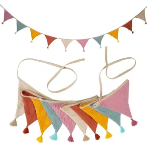 2 Pack Handmade Fabric Bunting Banner, Each 8.5ft 10 Flags with Tassel Neutral String Bunting, for Nursery Wall Hanging Wedding Birthday Baby Shower Home Party Decoration Pink Candy