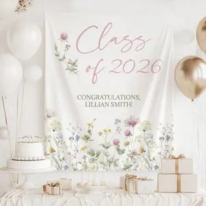 1pc CUSTOM 2026 Graduation Banner, Wildflower Graduation Decorations, Personalized Class of 2026 Tapestry, Graduation Backdrop for S
