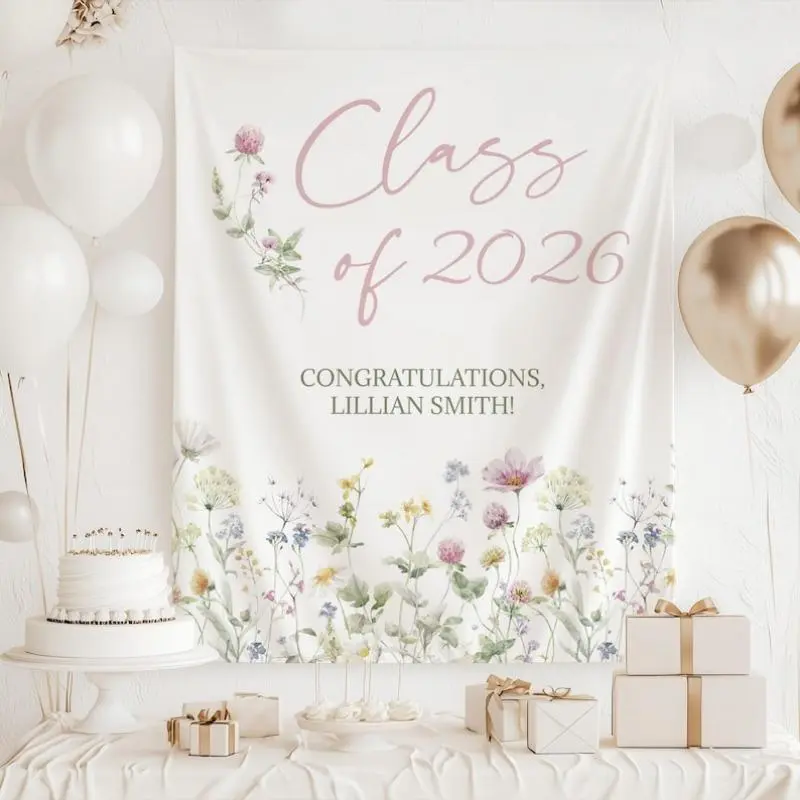 1pc CUSTOM 2026 Graduation Banner, Wildflower Graduation Decorations, Personalized Class of 2026 Tapestry, Graduation Backdrop for S