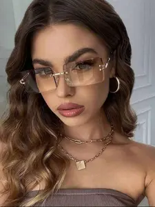 Women's Fashionable Metal Frame Rimless Sunglasses, Trendy Casual Tinted Lens Thin Sunglasses for Everyday Use, Fashion Accessories for Outdoor Activities, Trendy Beach Eyewear