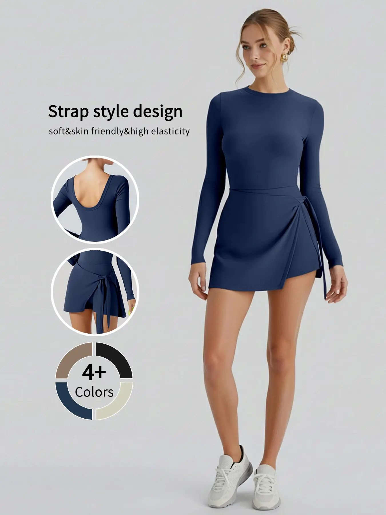 Women's Solid Color Peplum Jumpsuit Long Sleeve Round Neck Nylon Knit Fabric High Stretch with Chest Pad Cross Strape Detail All-Season Sports Style Brief Length Back Cut-Out Design Machine Washable Workout Athletic Dresses