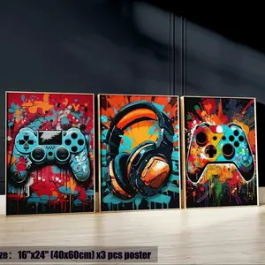 3 Piece Retro Gaming Theme Watercolor Poster Set, Neon Game Controller Canvas Art, Framed Presentation, Wooden Wall Art, Perfect for Boys Room, Kids Playroom, Bedroom Decor