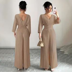 Women's Elegant V-Neck Pleated Jumpsuit, 3/4 Bell Sleeve, High Waist Wide Leg, Ruched Waist Detail, Silky Smooth Fabric, Versatile for Work, Wedding Guest, Party, Date Night, Plus Size Friendly,  TikTok Shop Trending Fashion
