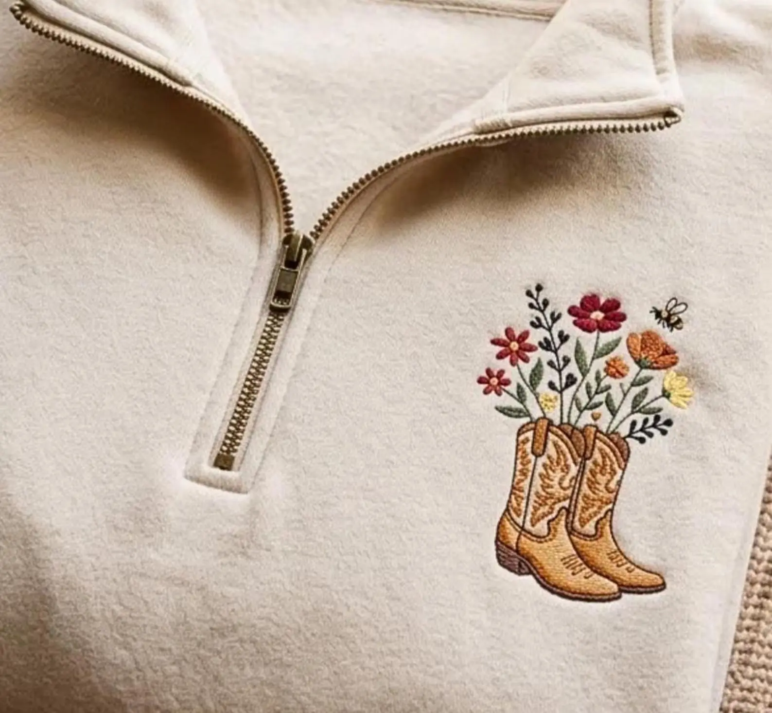 Embroidered Cowboy Boots Quarter Zip Sweatshirt – Floral Western Fleece Pullover, Cowgirl Gift Etsy