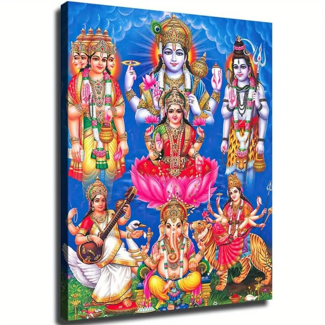 12x16in Pine Wood Framed Vibrant Religious Hinduism Gods Group Canvas Art Print - Featuring Lakshmi, Brahma, Vishnu, Shiva, Cultural Indoor Wall Decor for Living Room, Home Office with Detailed Jewel Ornaments
