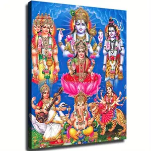 Vibrant Hindu Gods Canvas Art Print-12X16 Inches Framed Wall Decoration, Including Lakshmi, Brahma, Vishnu and MahshLiving Room Or Home Office, cultural Room Decoration | Vibrant Canvas Print | Detailed Jewel Ornaments Artistic