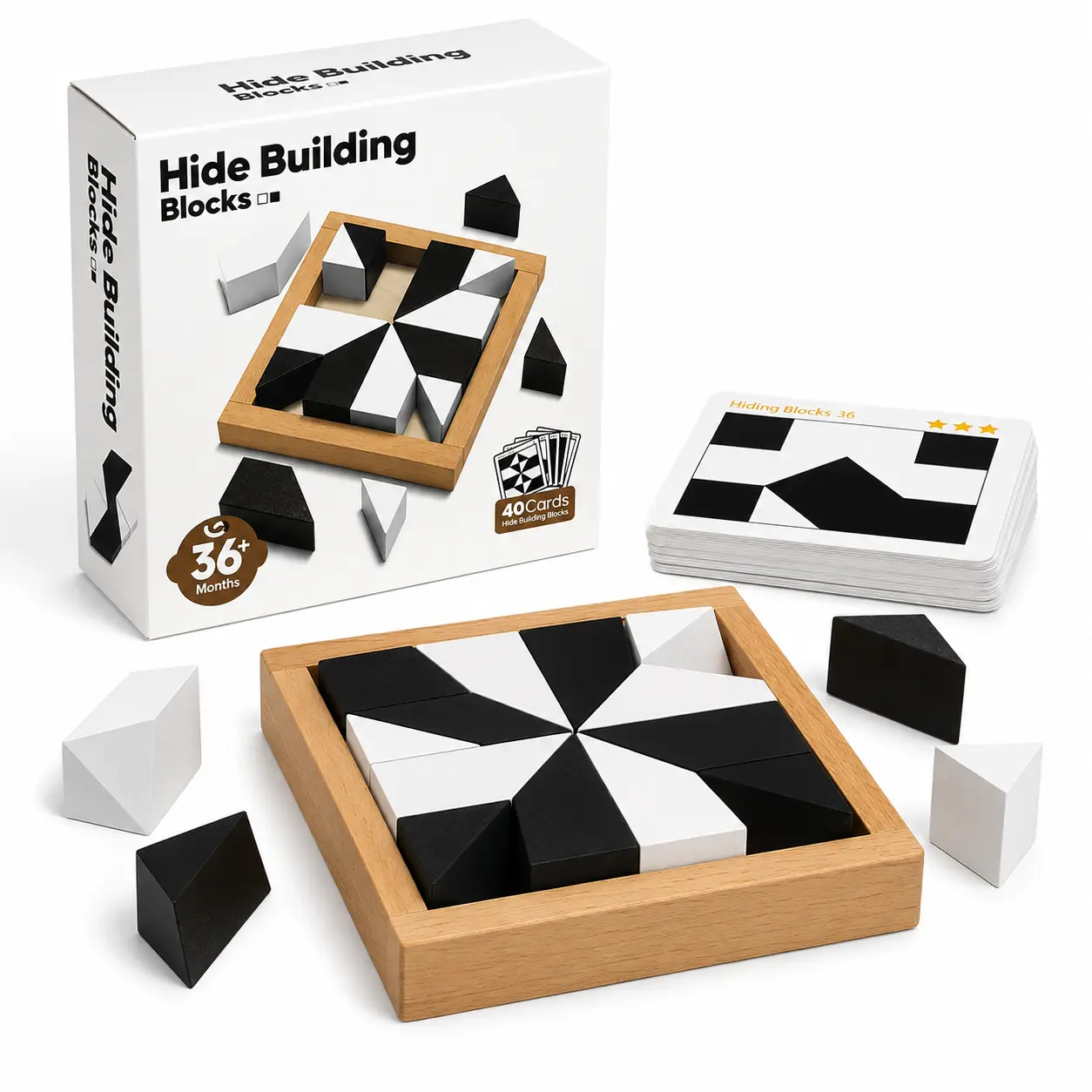 Hidden Blocks Brain Builder — Wooden STEM Puzzle with 80 Challenges & 5 Difficulty Levels | 16 Solid Beech Wood Blocks, Non-Toxic Finish | Screen-Free Logic Game for Ages 3+