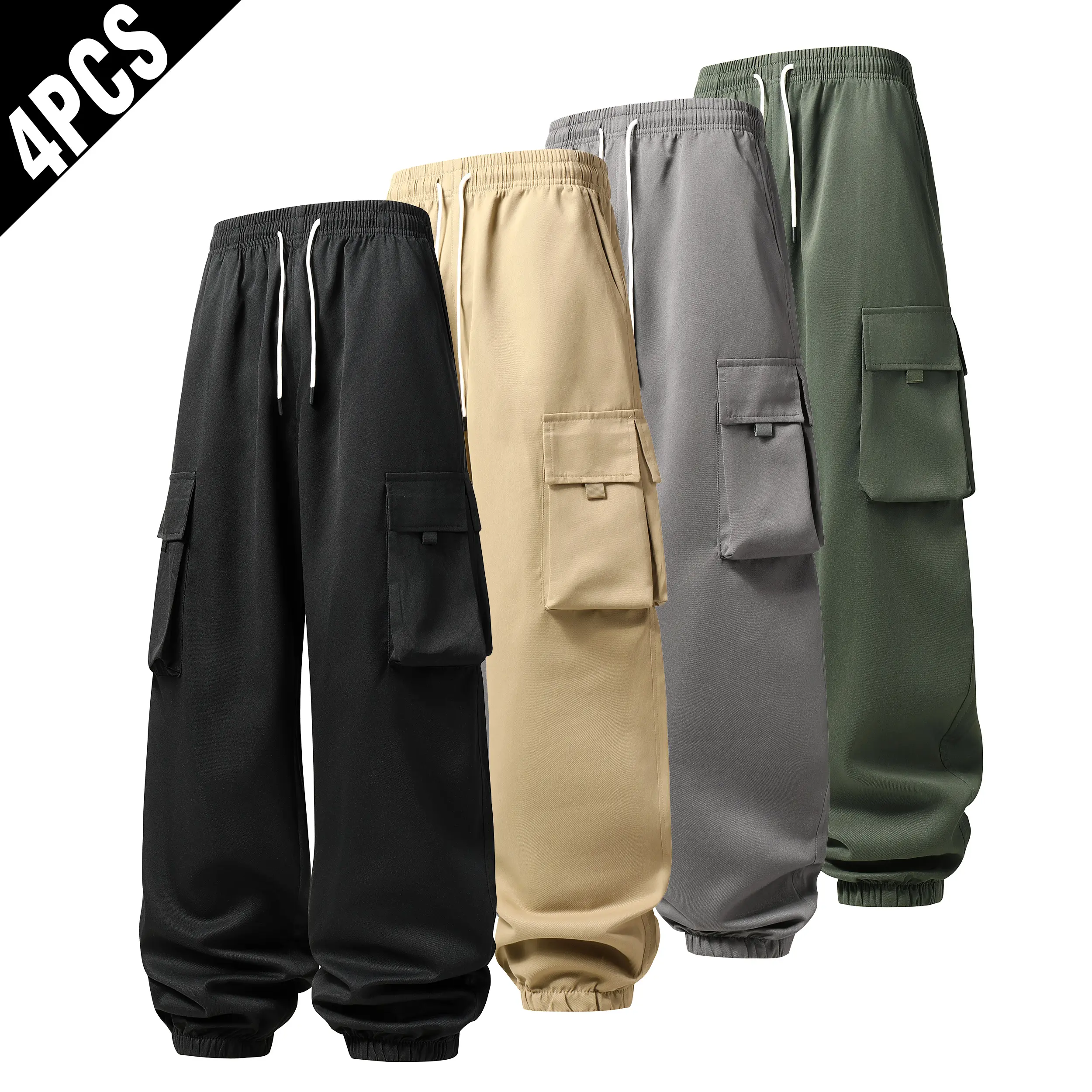 4 Pack Men Cargo Jogger Pants, Baggy Wide Leg Elastic Drawstring Waist Work Pants, Multi Big Pocket Streetwear Casual Utility Sweatpants