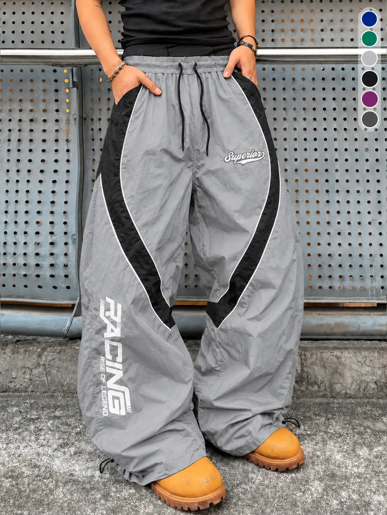 Men's High Street Cyberpunk Racing Functional Gray Black Patchwork Joggers Spring Summer Lightweight High Drape Drawstring Casual Pants with Superior Letter Print Trendy Brand Sports Pants Black Colorblock + Streamline Panel Design, Side "RACING" 3D Print