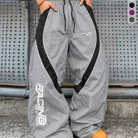 Men's Cyberpunk Patchwork Fitted Joggers - Male Clothing, High Street Racing Style, Gray Black Colorblock, Streamline Panels, Side "RACING" 3D Letter Print, Spring Summer Lightweight High-Drape Woven Drawstring Casual Brand Pants
