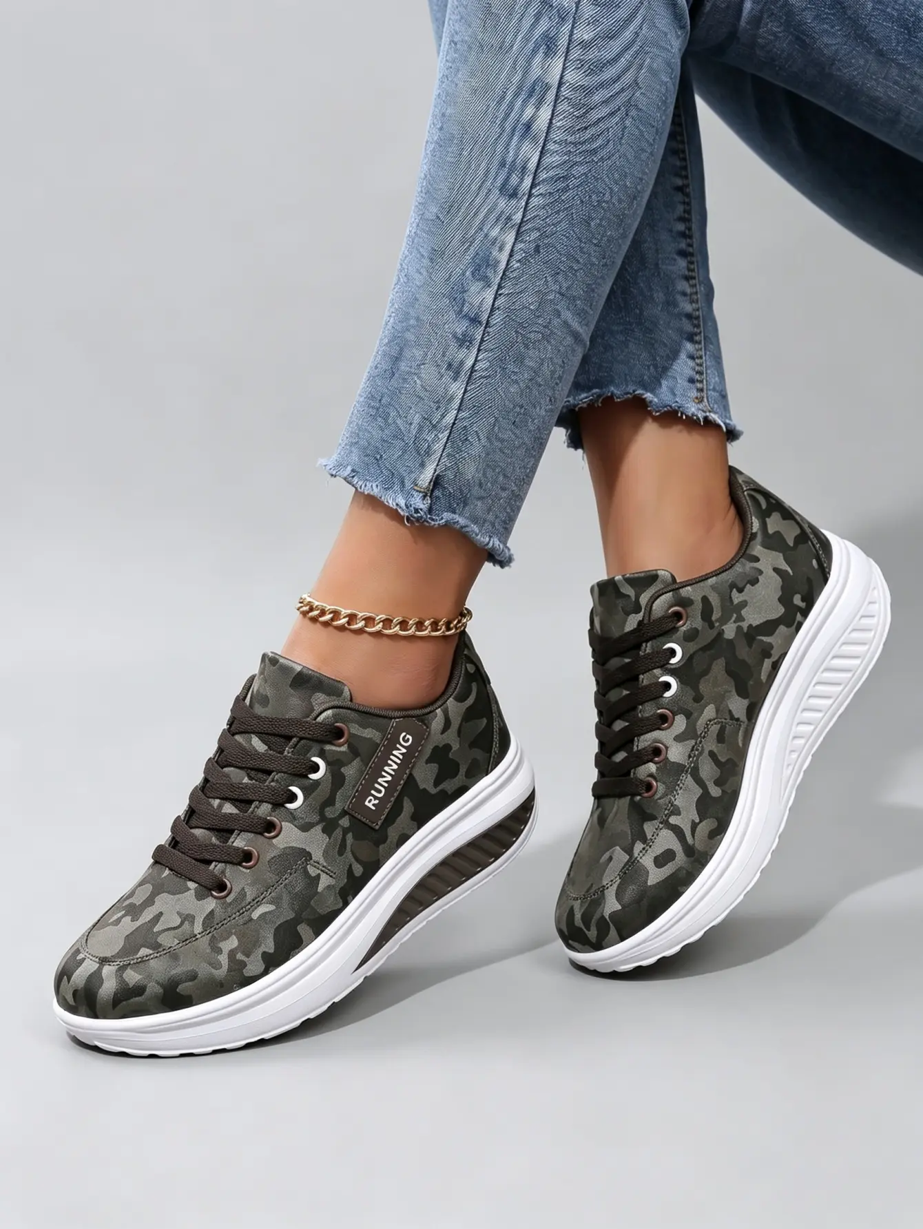 Camouflage Sneakers for Women - Comfortable & Stylish Design with White Sole & Black Laces - Perfect for Casual Wear