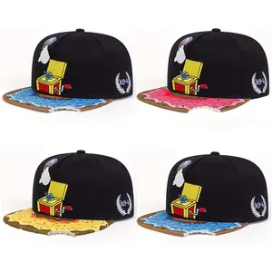 Donut Record Player Flat Brim Hat Embroidered Hip Hop Cap Sun Block Outdoor Unisex Streetwear