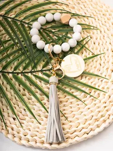 Vintage Colorblock Beaded Wrist Keychain, Classic Beads with Matching Fringe, Bracelet & Keyring Combo, Perfect Gift for Women