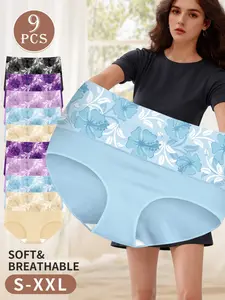 9 Pack Women's High Waist Underwear, Comfortable Lightweight Breathable Traceless Panties, Ice Silk Cool Design