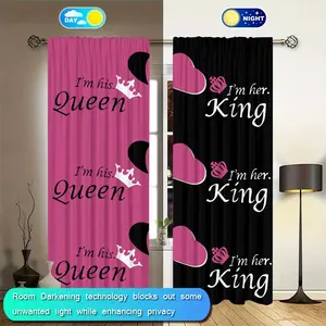 2pc King&Queen couple pattern printed curtains with pole bag design, perfect gift for friends, suitable for home decoration such as dormitories, bedrooms, living rooms, kitchens, dining rooms, study rooms, cafes, hotels, apartments, etc, Window Curtain