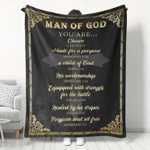 Religious Flannel Blanket for Men, Christian Gifts Faith Blanket, Catholic Prayer Blanket, Man of God Throw, Encouragement Gift, 280GSM Soft Cozy Blanket