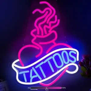 Tattoos Neon Sign Red Blue White LED Wall Light for Tattoo Studio Bar Game Room Retro Heart Flame Decor USB Powered Adjustable Brightness Artists Enthusiasts