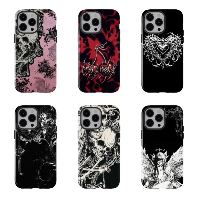 Dark Gothic Thorn Skull Rubber Protective Cover - Punk Rose Heart Shockproof Custom Case, Mysterious Dark Aesthetic Unisex Accessory, Wireless-Friendly Gift for iPhone 11-17 ProMax Plus & Universal Devices, Protection-Focused Phone Accessories