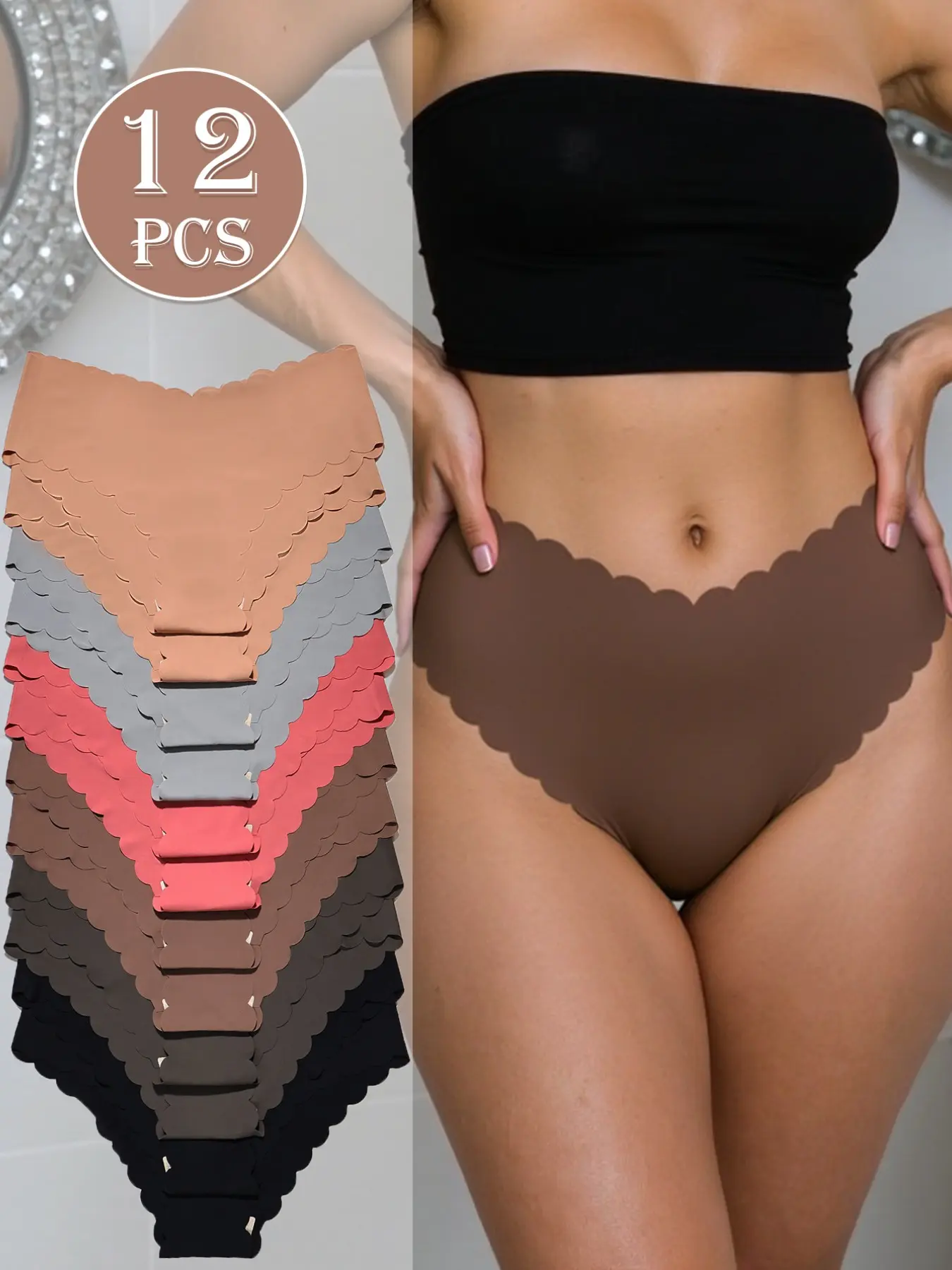 12-Pack Elegant Solid Color Seamless Women's Panties Underwear - Lingerie, Womenswear, Breathable & Quick-Dry Nylon Blend, Scalloped Wave Hem, Comfort Stretch for Yoga, Fitness, Dance