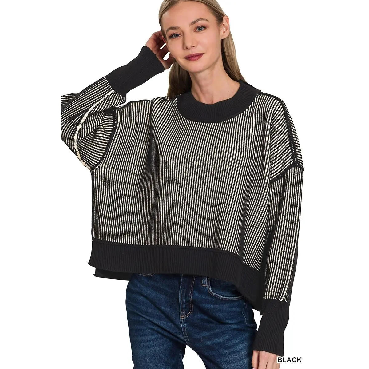 Zenana Ribbed Exposed Seam Two Tone Sweater