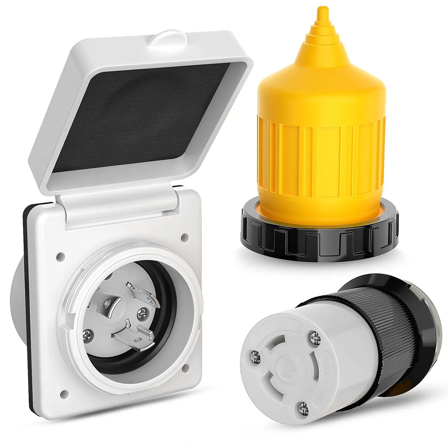 Nilight 30AMP ETL Listed Outdoor RV Shore Power Inlet Outlet Kit - 30A/125V NEMA L5-30P Male/L5-30R Female Twist Lock Adapter Plugs, Plug-In Connectors, Locking Ring, Waterproof Plastic Power Socket, Boot Cord Protector, Easy Installation for RVs, Boats