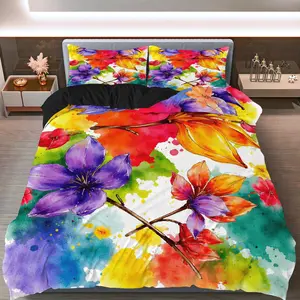 3PCS Duvet Cover Set, 1 Duvet+2 Pillowcases(Without filler), Colorful Floral Art Vibrant Watercolor Nature theme, Spring bedding set, Colorful Bloom Decor Suitable for decoration bedroom, guest room, hotel, studio.