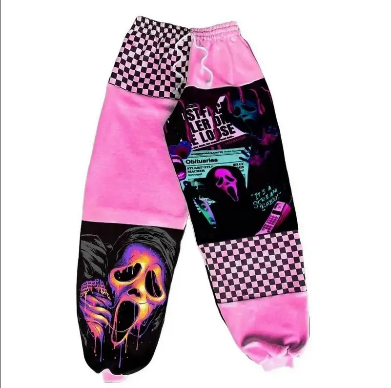 Pink and Black Ghost Face Patchwork Sweatpants Y2K Grunge Joggers