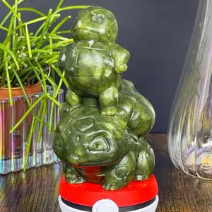 Green Jade Pokémon-Inspired Squirtle & Bulbasaur Crystal Carving + FREE Stand