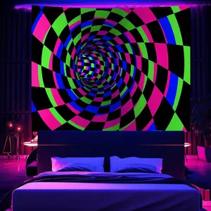 Black Light 3D Posters Wall Tapestry for Bedroom, UV Reactive Checkered Tunnel Decor,Blacklight Upright Backdrop Wall Hanging for Gaming Dorm Living Room 51"x60"