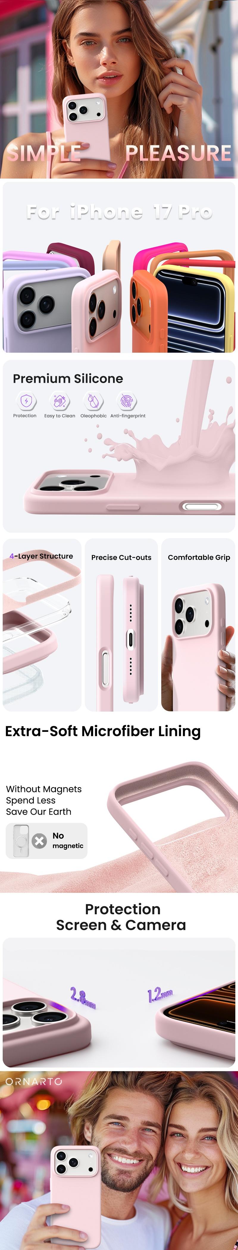 ORNARTO Compatible with iPhone 17 16 15 Series Case, Slim Liquid Silicone 3 Layers Full Covered Soft Gel Rubber Shockproof Phone Case, Protective Cover with Anti-Scratch Microfiber