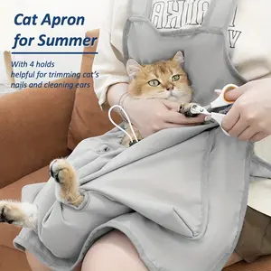 1 summer cat grooming apron with 4 holding holes, cotton breathable pet carrier bag, portable cat care apron, nail trimming and ear cleaning assistant, scratch and hair resistant, cool and comfortable cat satchel for outings