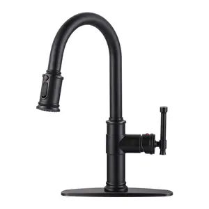 WOWOW Oil Rubbed Bronze Single Handle Pull-Down Sprayer Kitchen Faucet with 3-Mode Sprayer and Deckplate in Stainless Steel