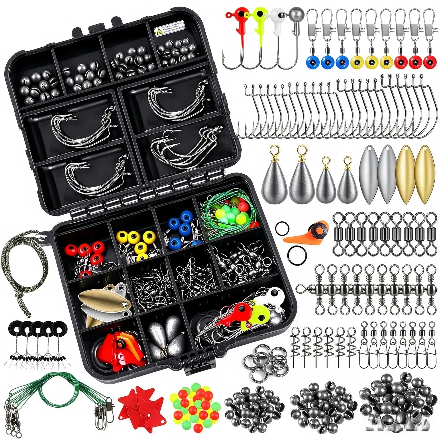 Fishing Accessory Kit: An organized tackle box containing hooks, sinkers, gear, and tools—ideal for men.