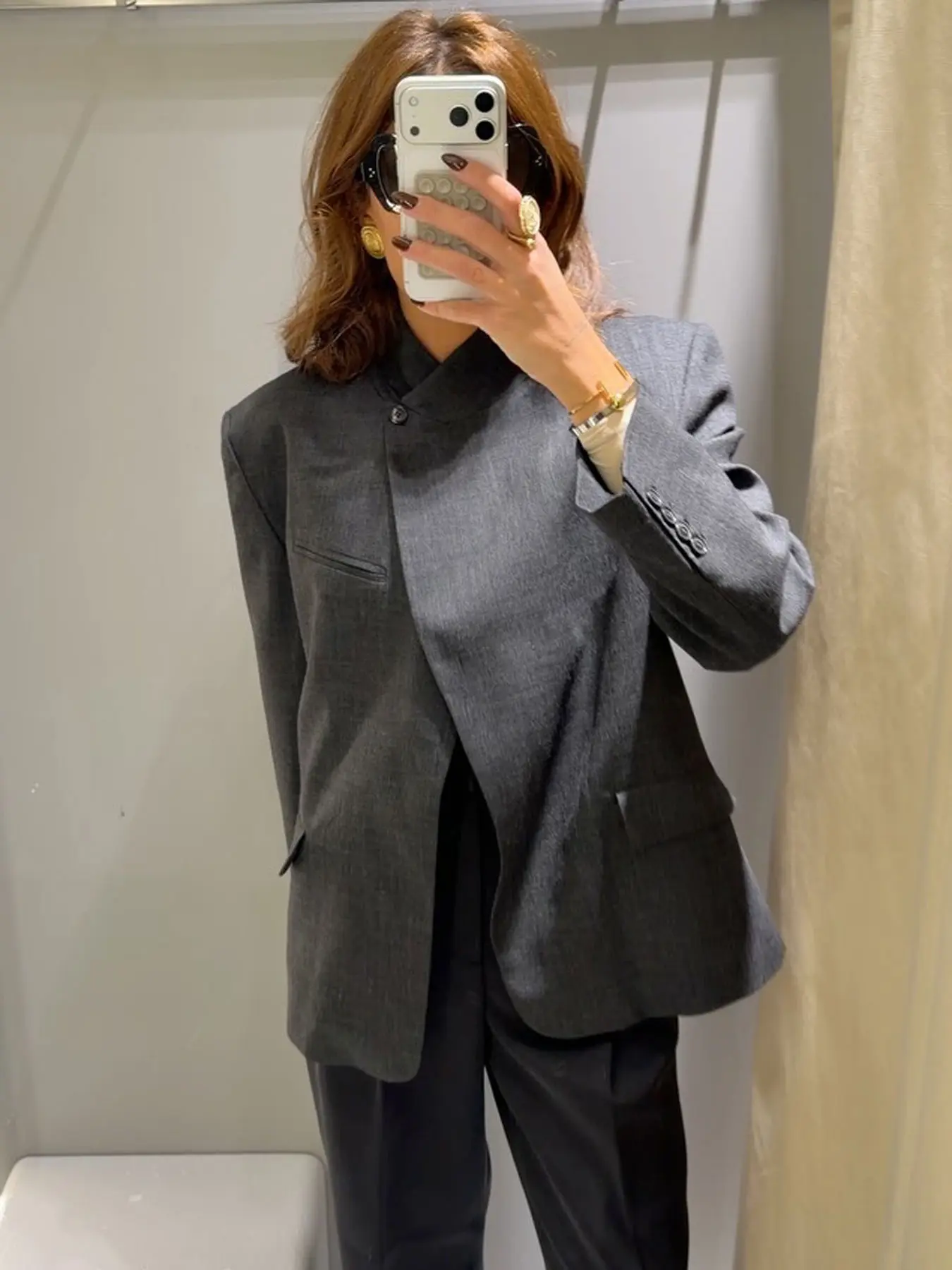 Women's Blazer Coat Asymmetric Button Neck Flap Pockets, Spring Fall Office Street Minimalist Style, New Fashion Casual Outerwear, Elegant Office Wear