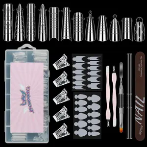 Nail Dual Forms for Poly Gel Set, 12 Styles 12 Sizes Nail Mold Extension Forms, 144Pcs Full Cover False Nail Tips, Duet System with 5pcs Nail Clips Nail Brush Nail Files Cuticle Trimmer